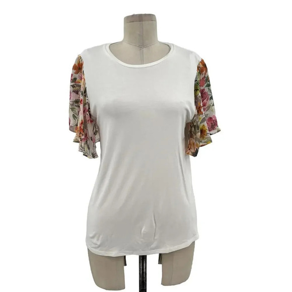 Generation Love White Jersey Modal Tee Floral Sleeves Size XS‎ - Picture 1 of 9